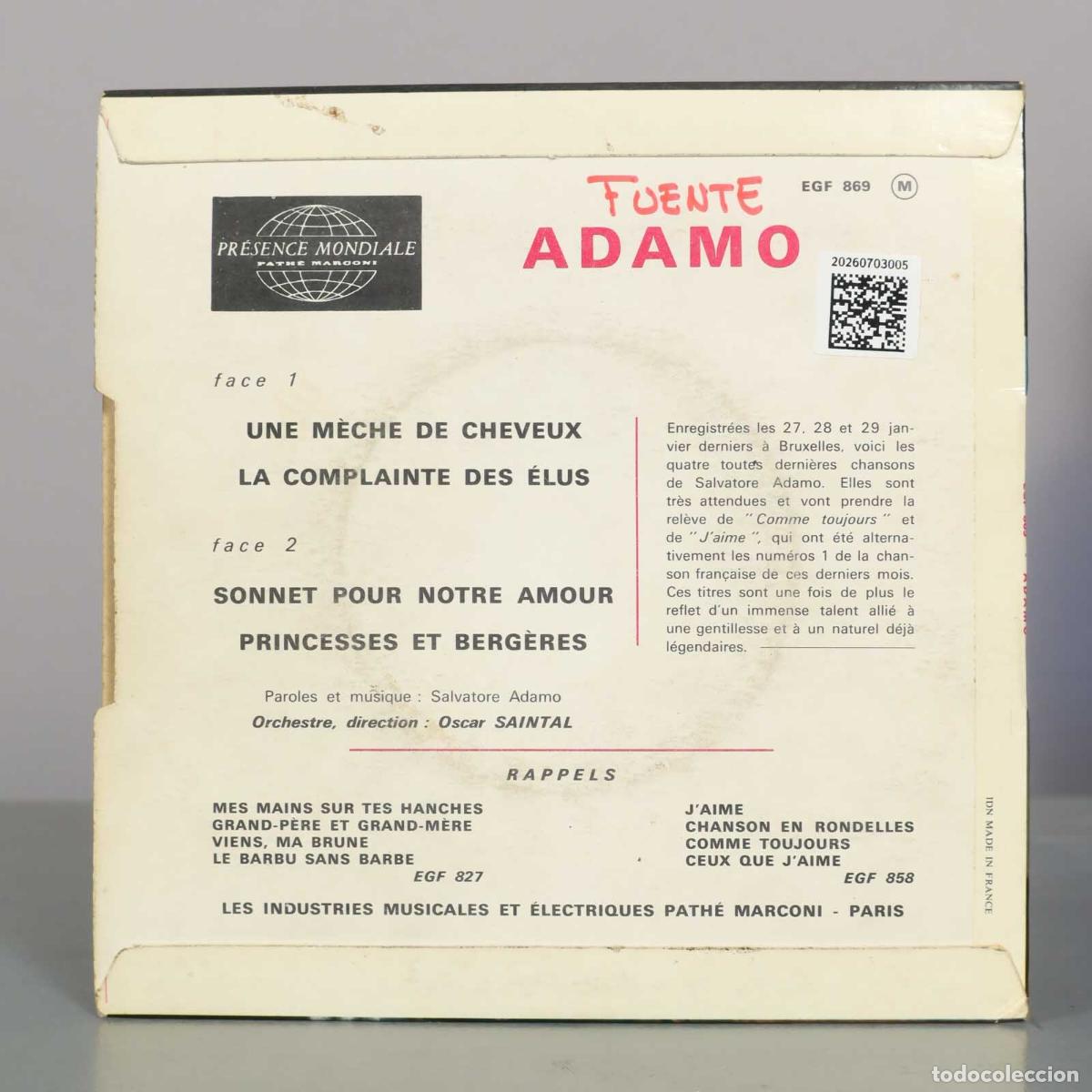 Discos de vinilo: EP. Adamo - Une M&egrave;che De Cheveux - Foto 2