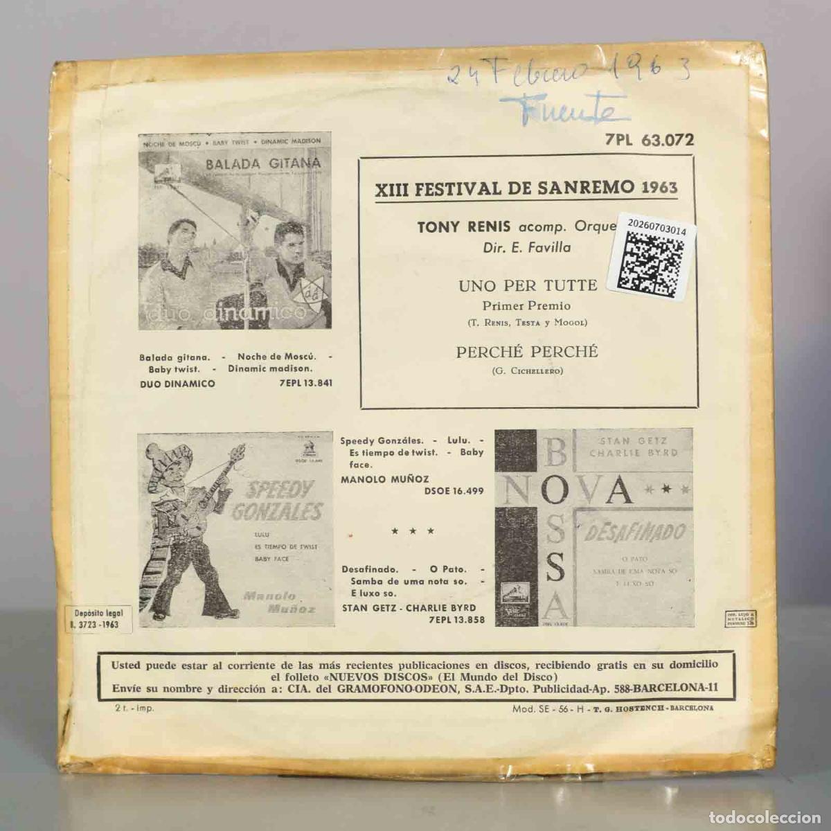 Discos de vinilo: SINGLE. Tony Renis - Uno Per Tutte / Perch&egrave; Perch&eacute; - Foto 2