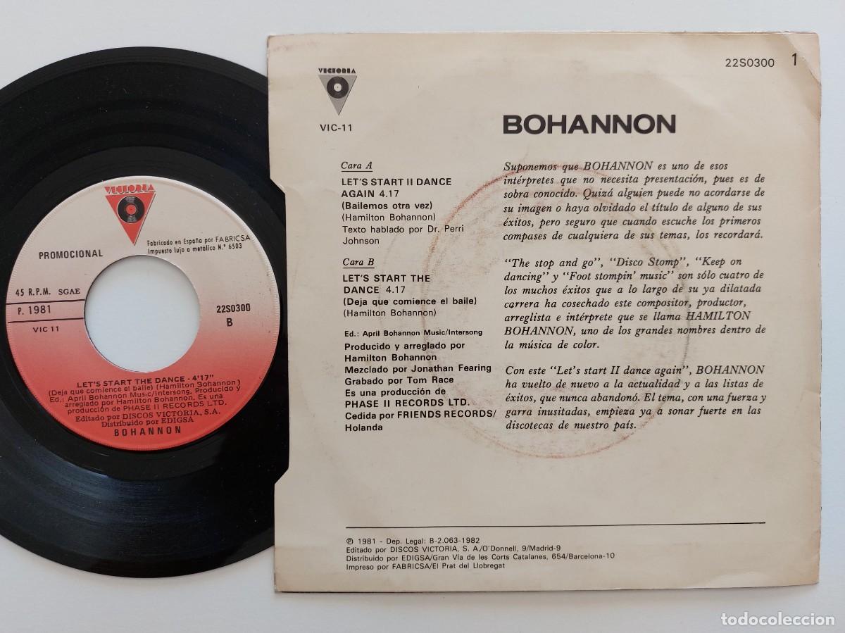 Discos de vinilo: BOHANNON - 45 Spain - PROMO * MINT * LETS START II DANCE AGAIN - Foto 2