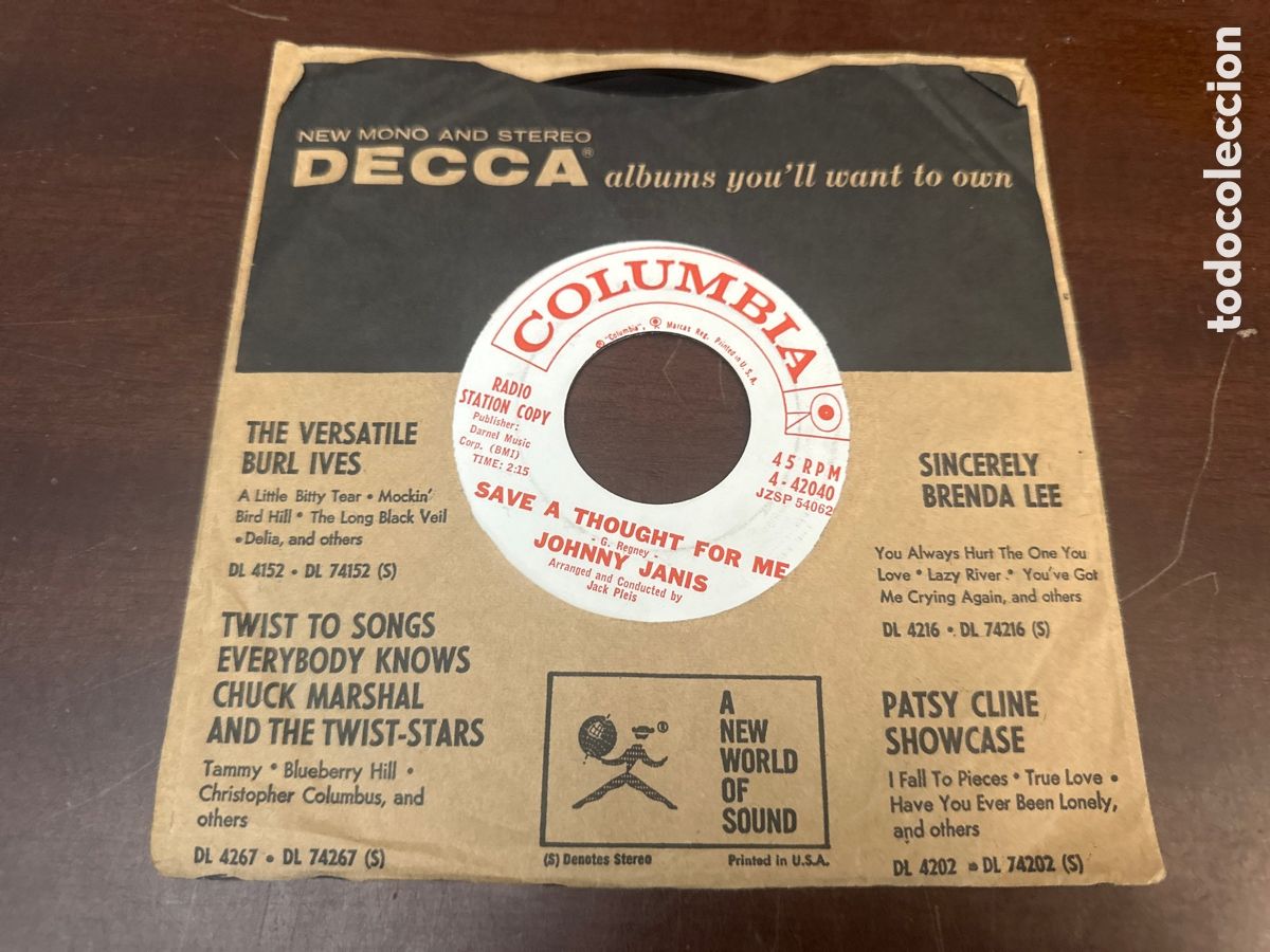 Discos de vinilo: JOHNNY JANIS. SAVE A THOUGHT FOR ME + 1 COLUMBIA 1960 USA