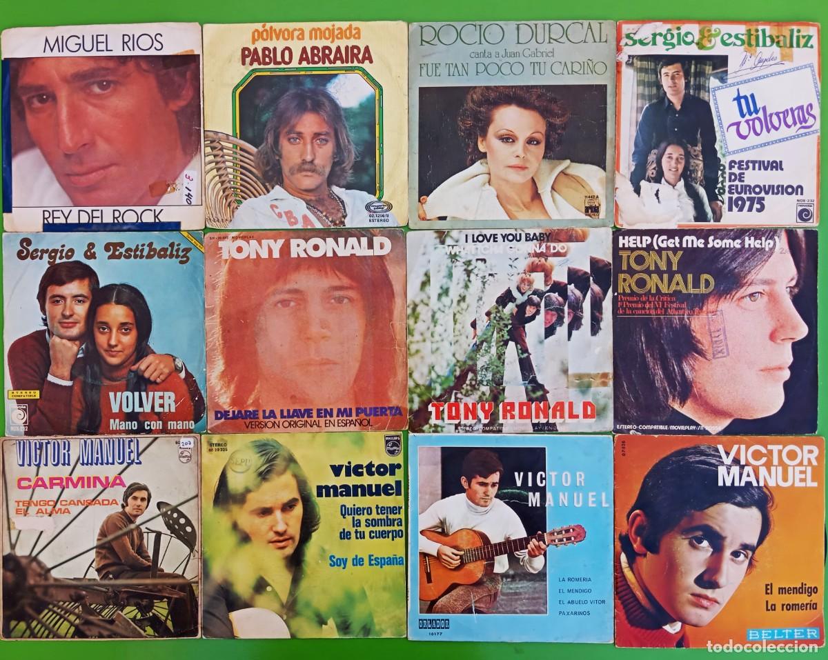 Discos de vinilo: Lote 12 Singles: Miguel R&iacute;os, Pablo Abraira, Rocio Durcal, Sergio y Estibaliz, Tony Ronald, Victor M