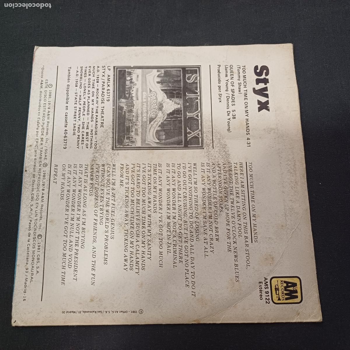 Discos de vinilo: STYX/TOO MUCH TIME ON MY HANDS/SINGLE. - Foto 3