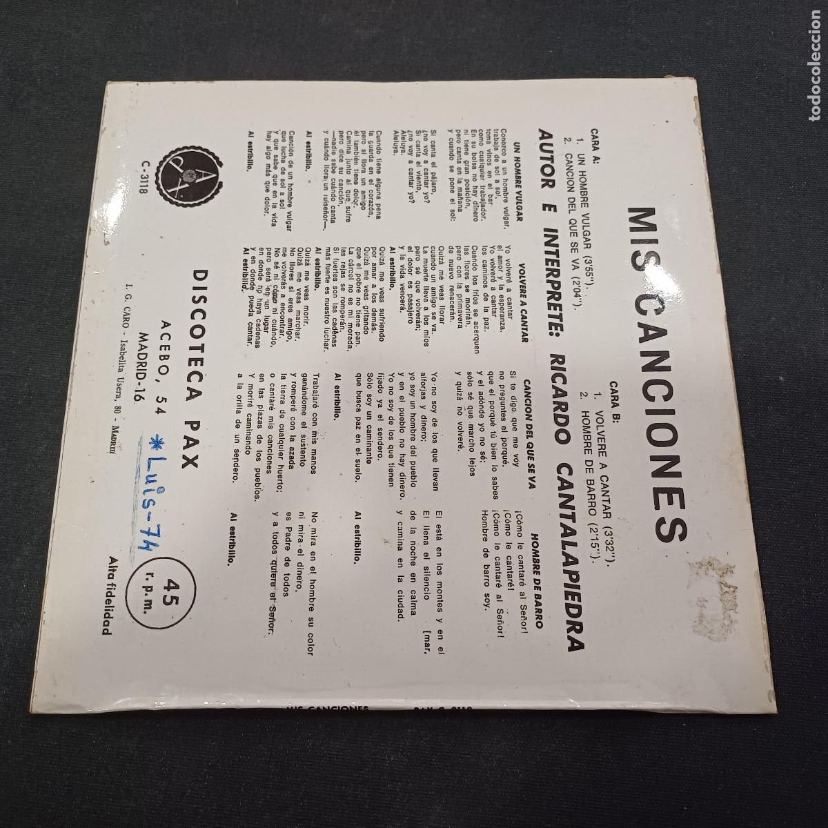 Discos de vinilo: RICARDO CANTALAPIEDRA/MIS CANCIONES/SINGLE. - Foto 3
