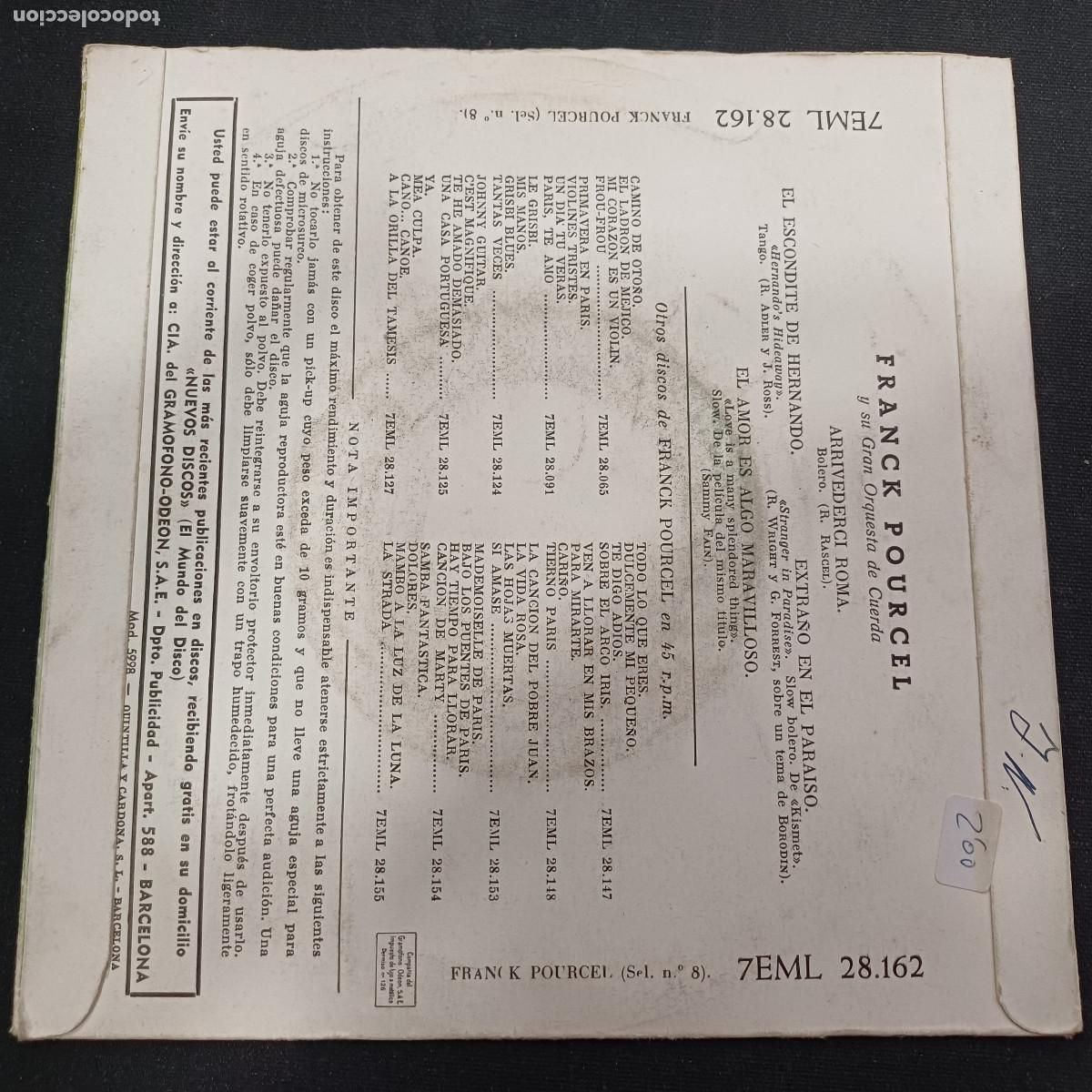 Discos de vinilo: FRANCK POURCEL Y SU ORQUESTA/ARRIVEDERCI ROMA/SINGLE. - Foto 3