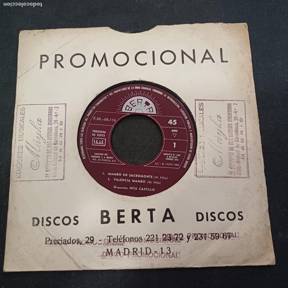 Discos de vinilo: ORQUESTA HITA CASTILLO/MAMBO EN SACROMONTE/SINGLE PROMOCIONAL NO VENDIBLE.