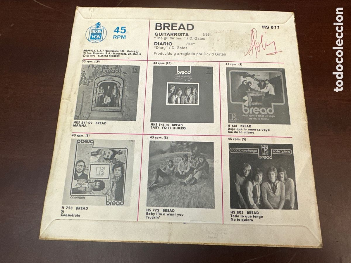 Discos de vinilo: BREAD. GUITARRISTA / DIARIO. HISPAVOX 1972 - Foto 2