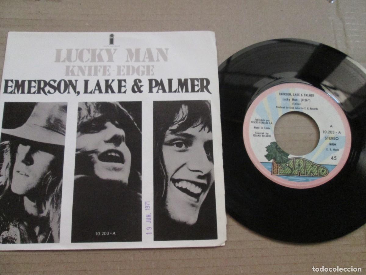 Discos de vinilo: EMERSON, LAKE & PALMER - Lucky Man / Knife Edge. Single ed espa&ntilde;ola 7&rdquo; 1971. Magn&iacute;fico estado VG+/NM