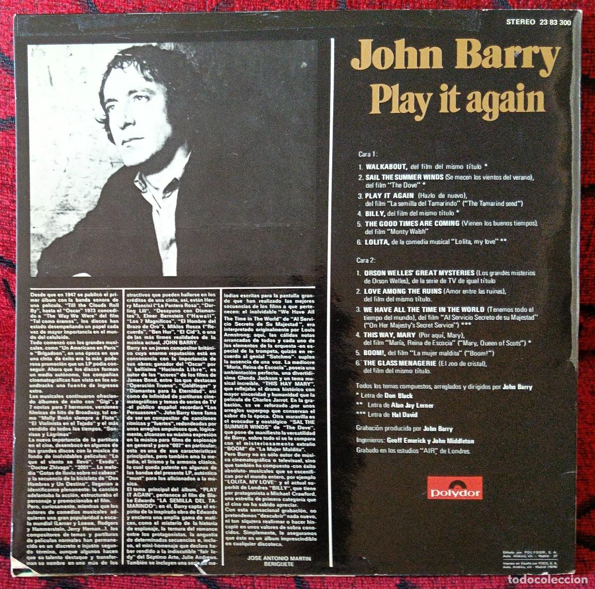 Discos de vinilo: JOHN BARRY ** Play It Again ** VINILO LP 1974 - Foto 2