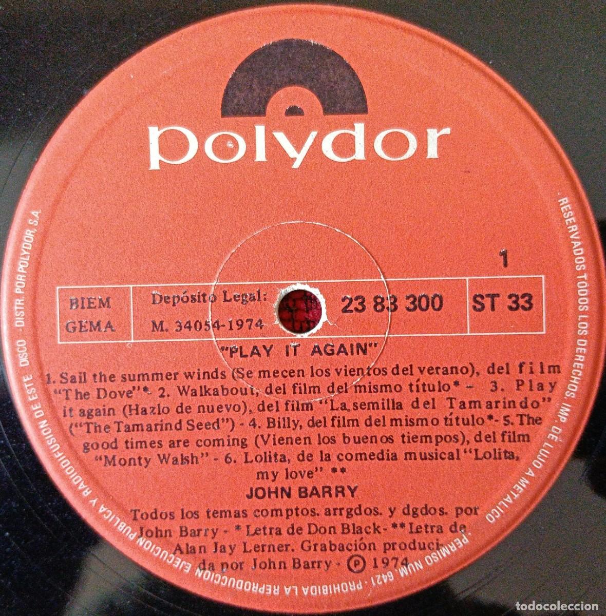 Discos de vinilo: JOHN BARRY ** Play It Again ** VINILO LP 1974 - Foto 3