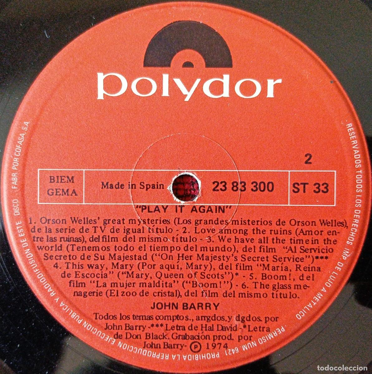 Discos de vinilo: JOHN BARRY ** Play It Again ** VINILO LP 1974 - Foto 4