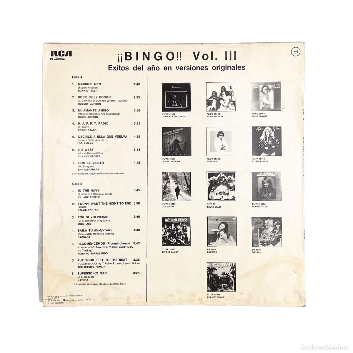 Discos de vinilo: LP. Varios &iexcl;&iexcl;Bingo!! Vol. 3 &Eacute;xitos Del A&ntilde;o En Versiones Originales (VG+/G+) - Foto 2