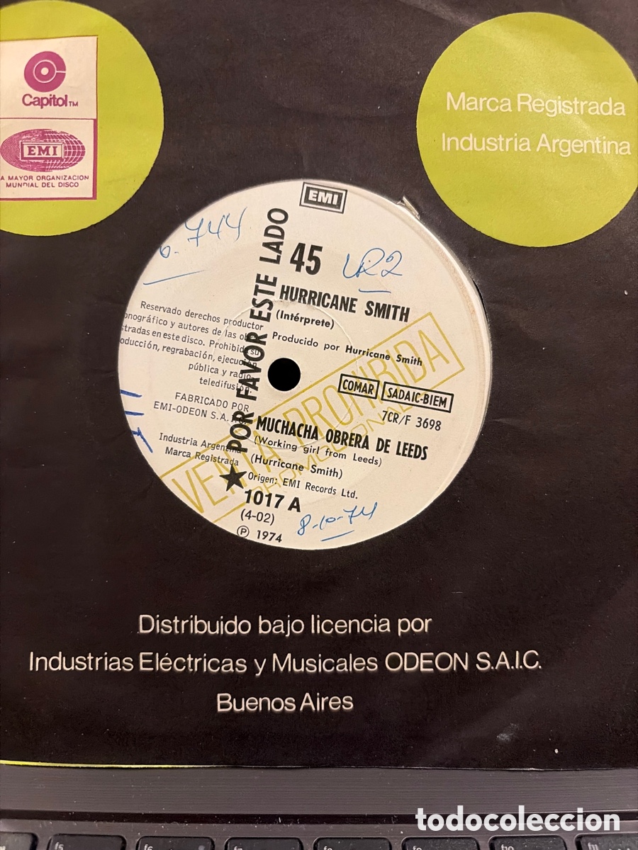 Discos de vinilo: HURRICANE SMITH - MUCHACHA OBRERA DE LEEDS + SAM BRAZO DERECHO SINGLE MUY RARO ARGENTINA SIN PORTADA