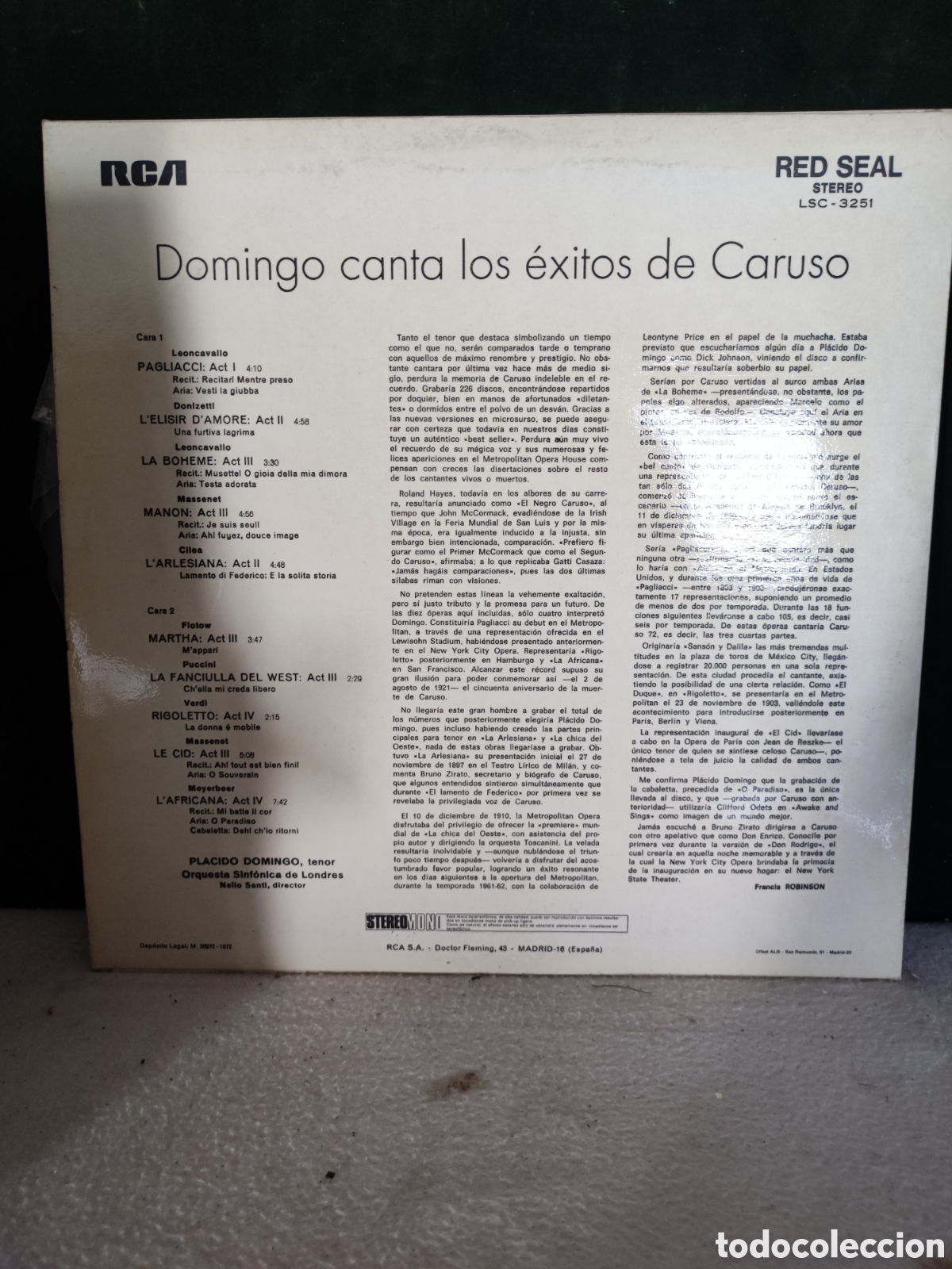 Discos de vinilo: Domingo canta los &eacute;xitos de caruso - Foto 2