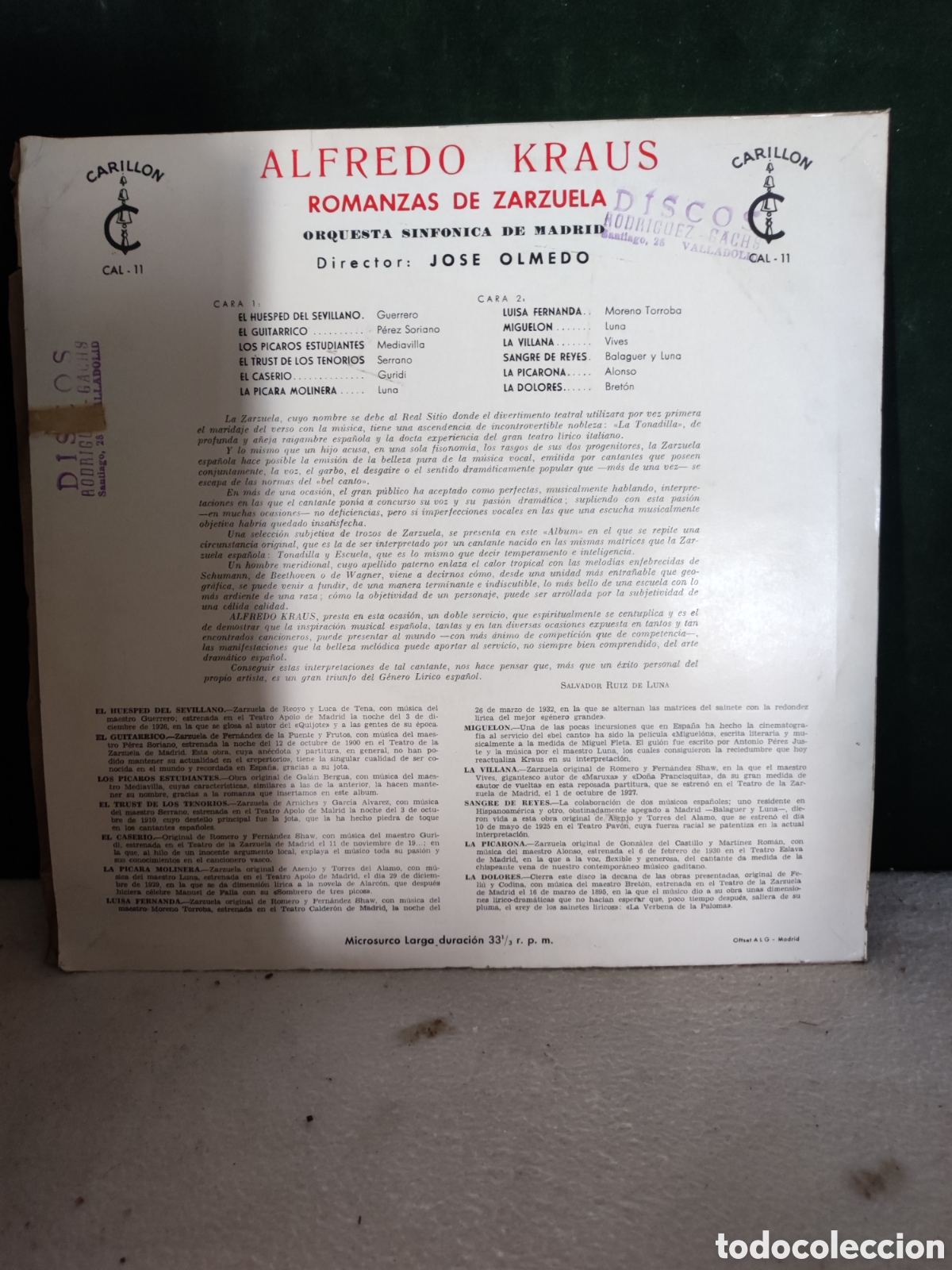 Discos de vinilo: Alfredo kraus romanzas de zarzuela - Foto 2