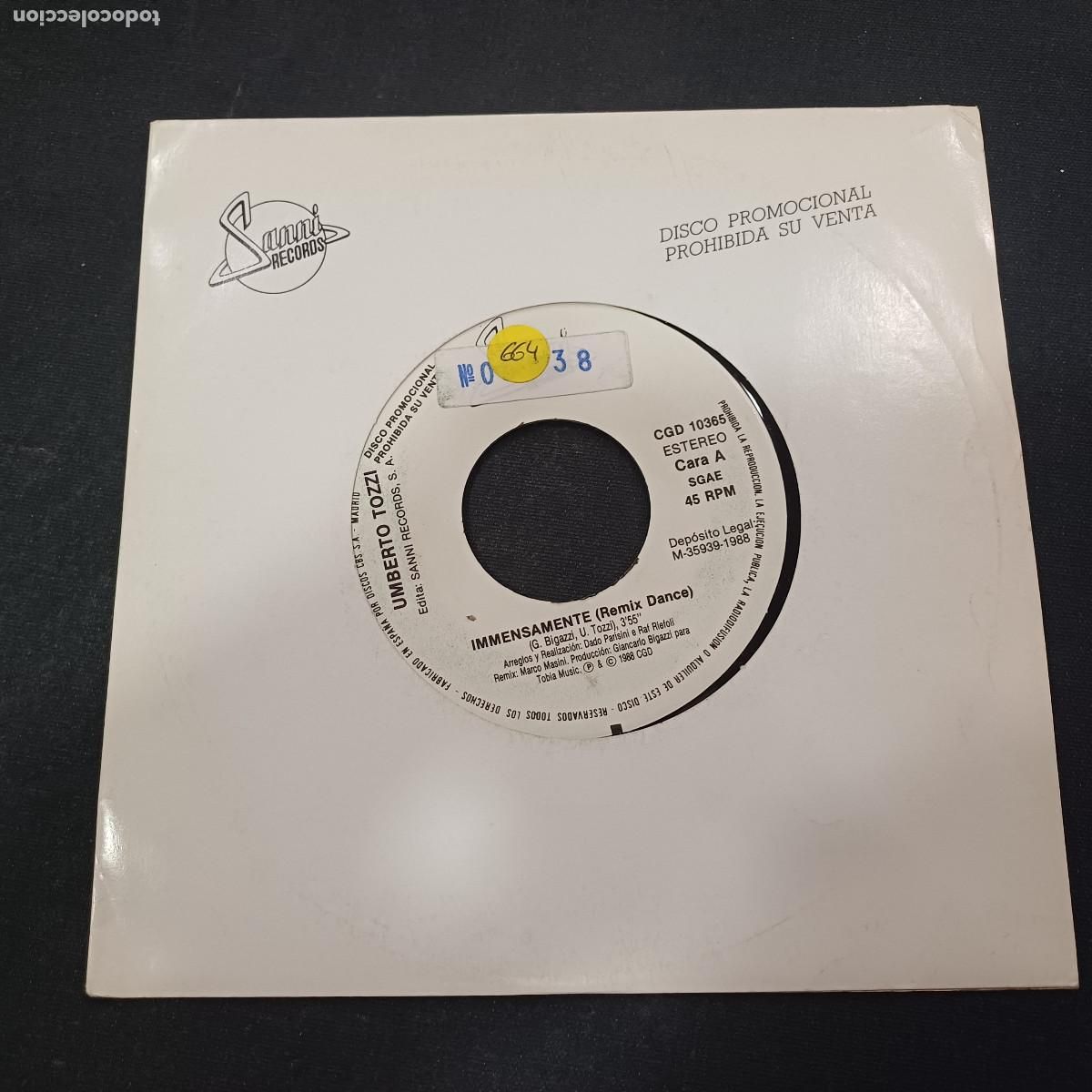Discos de vinilo: UMBERTO TOZZI/INMENSAMENTE/REMIX DANCE/SINGLE PROMOCIONAL.