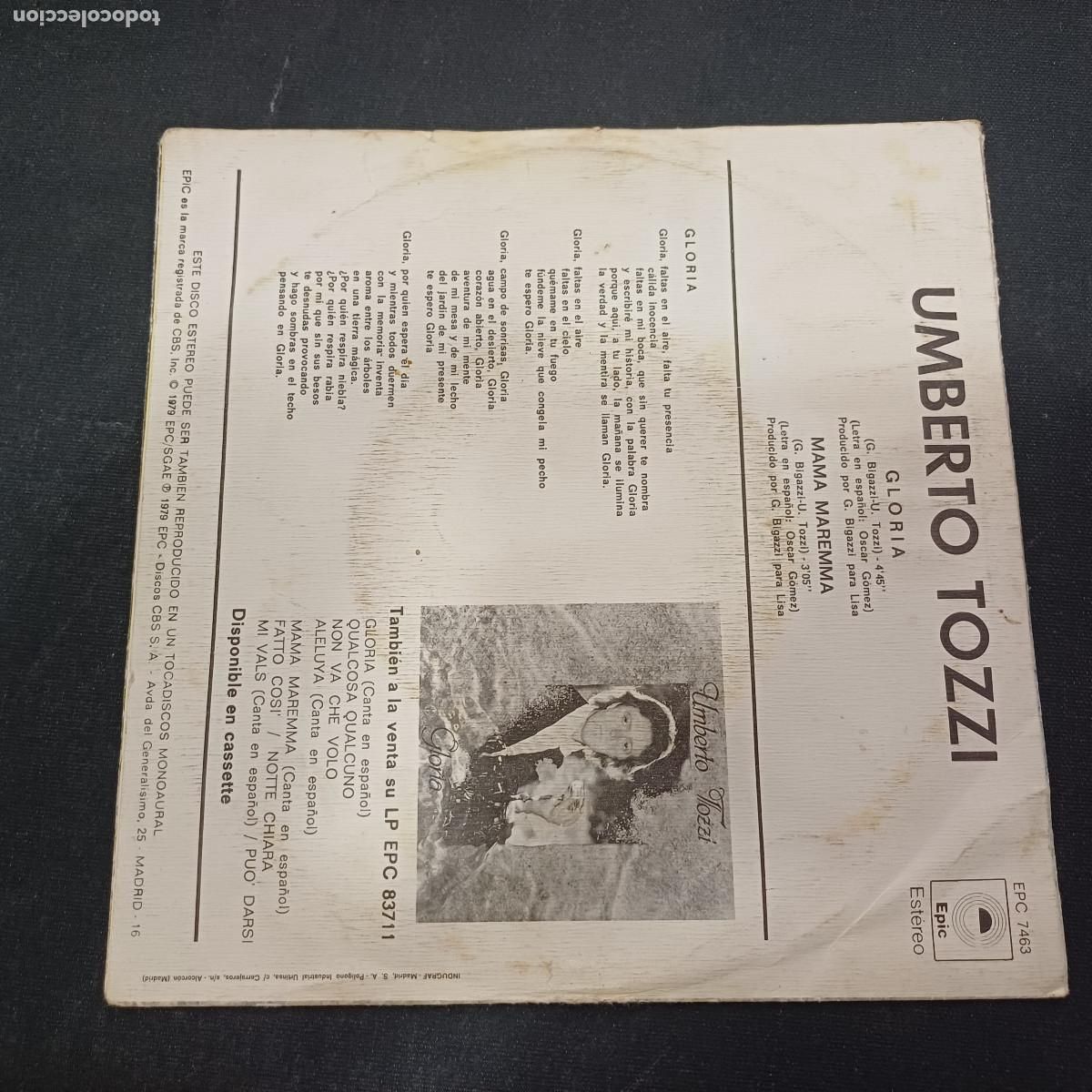 Discos de vinilo: UMBERTO TOZZI/GLORIA/SINGLE. - Foto 3