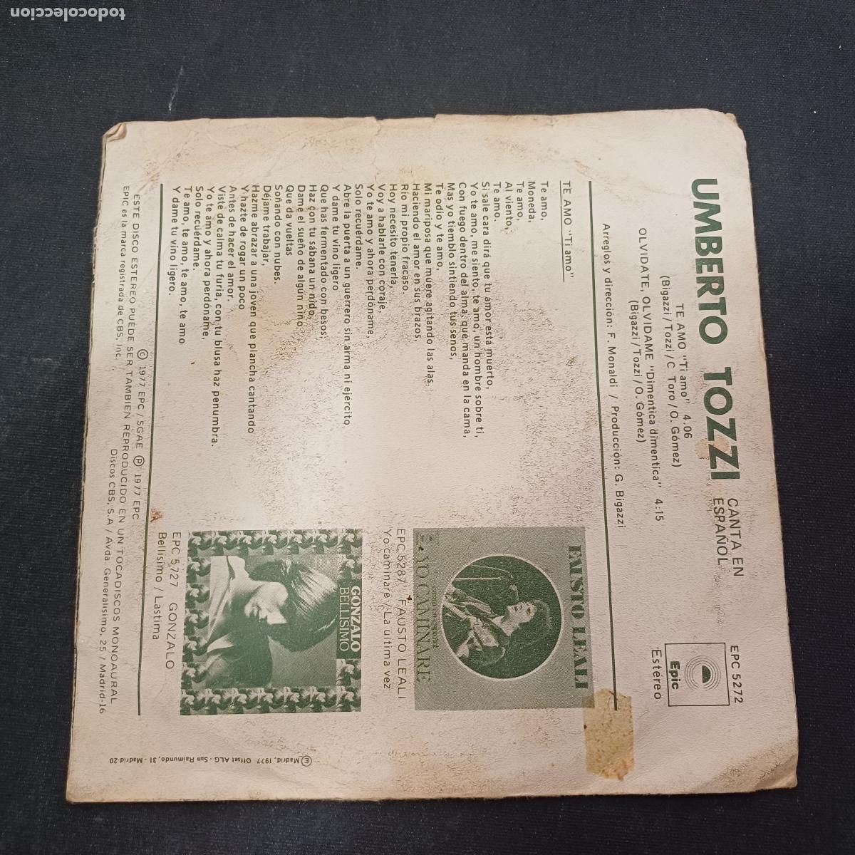 Discos de vinilo: UMBERTO TOZZI/TE AMO/SINGLE. - Foto 3