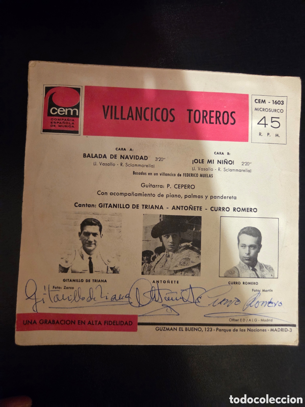 Discos de vinilo: Autografo toreros gitanillo de triana anto&ntilde;ete curro romero