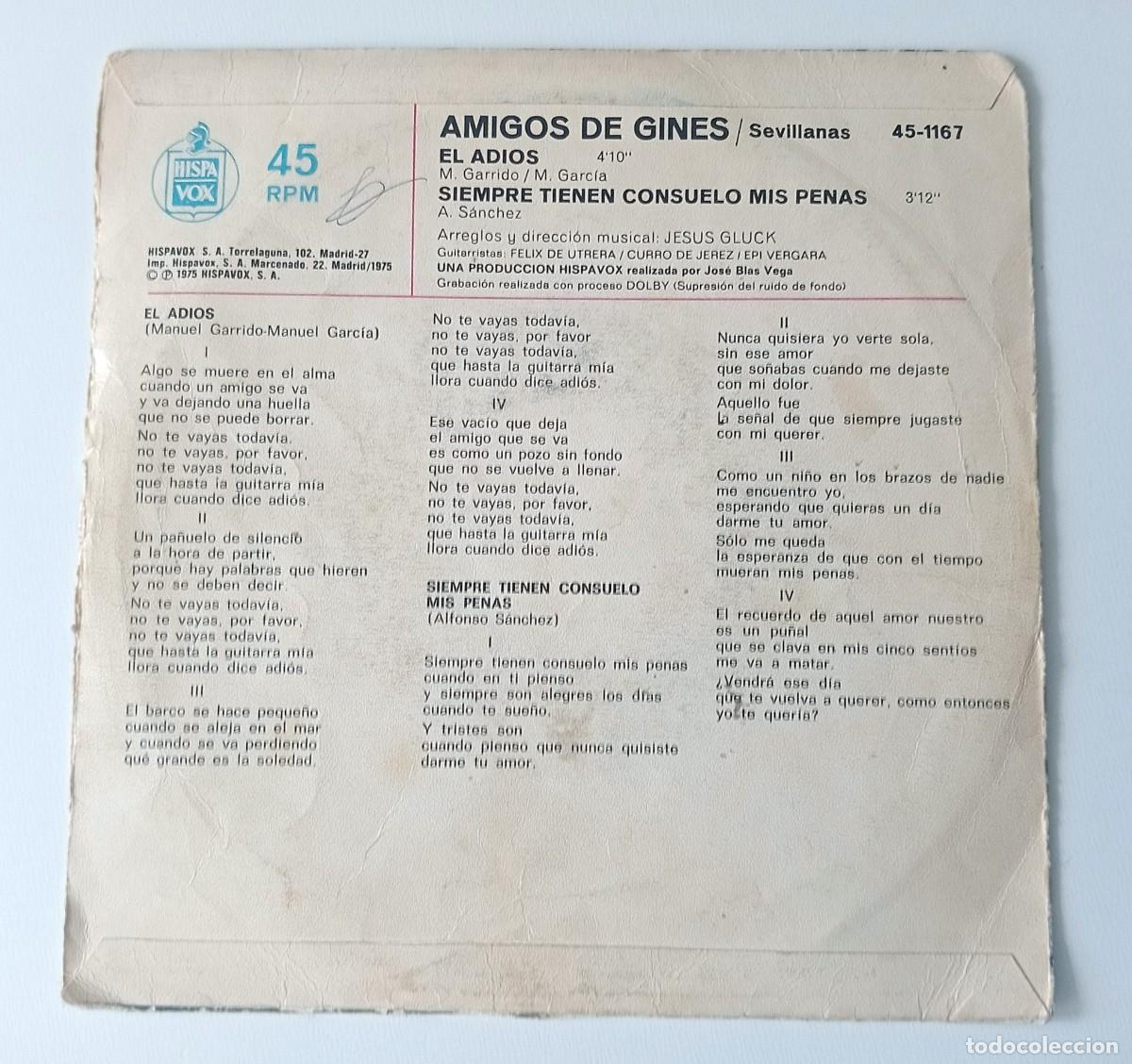 Discos de vinilo: SINGLE AMIGOS DE GINES - EL ADI&Oacute;S - Foto 2