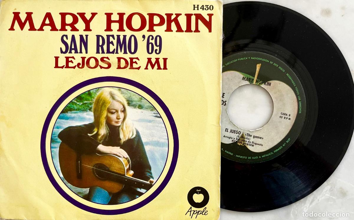 Discos de vinilo: MARY HOPKIN. ( BEATLES ) LEJOS DE MI. SAN REMO 69. SNGLE ORIGINAL ESPA&Ntilde;A 1969 APPLE RECORDS