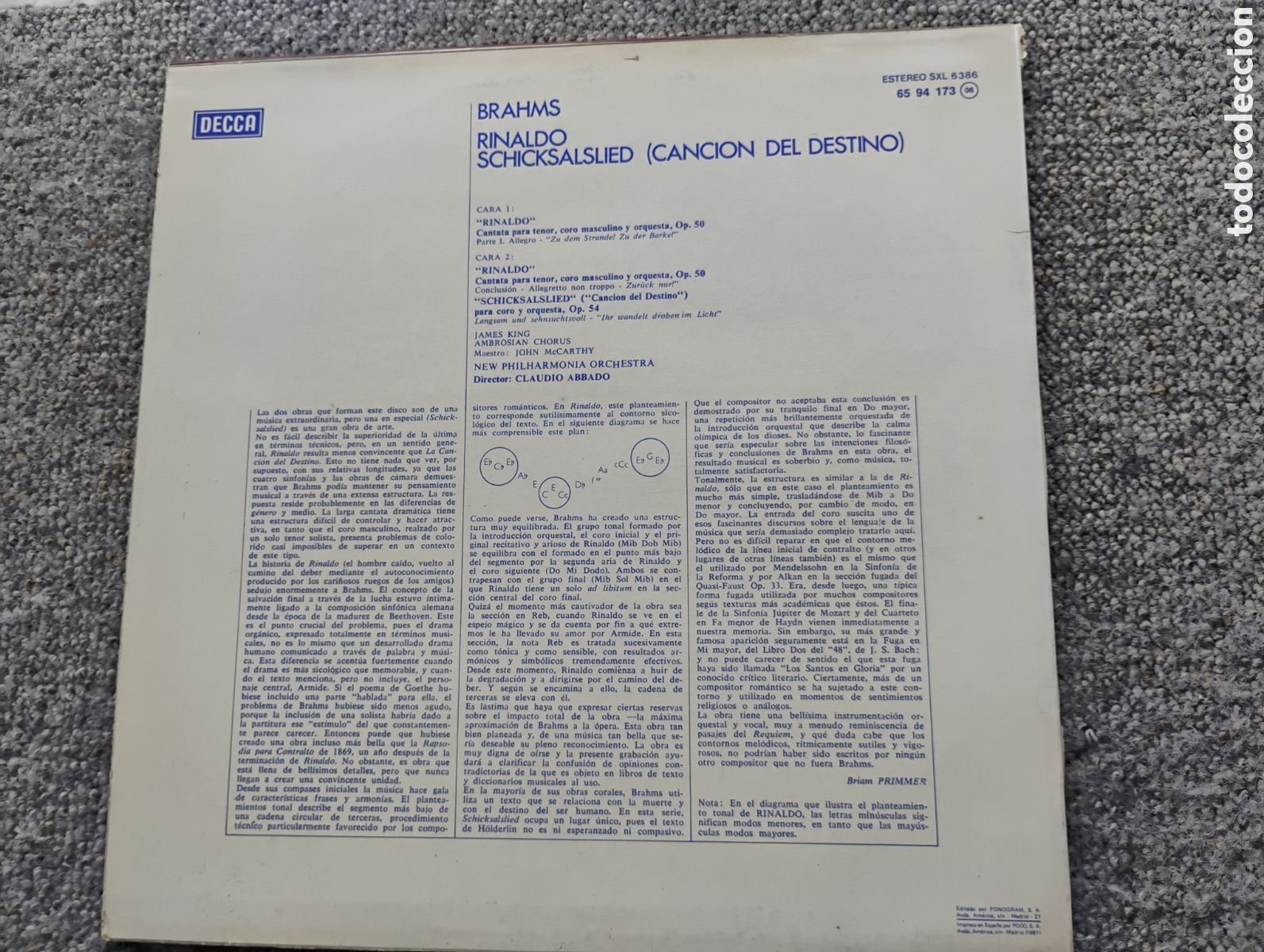 Discos de vinilo: Brahms: Rinaldo, Canci&oacute;n del Destino. King, Abbado. Decca - Foto 3