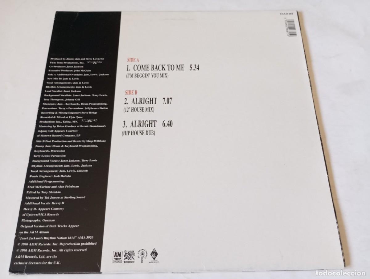 Discos de vinilo: Janet Jackson &ndash; Come Back To Me / Alright - 1990 - Foto 2
