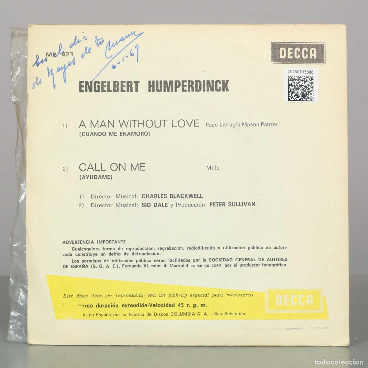 Discos de vinilo: SINGLE. Engelbert Humperdinck &ndash; A Man Without Love - Foto 2