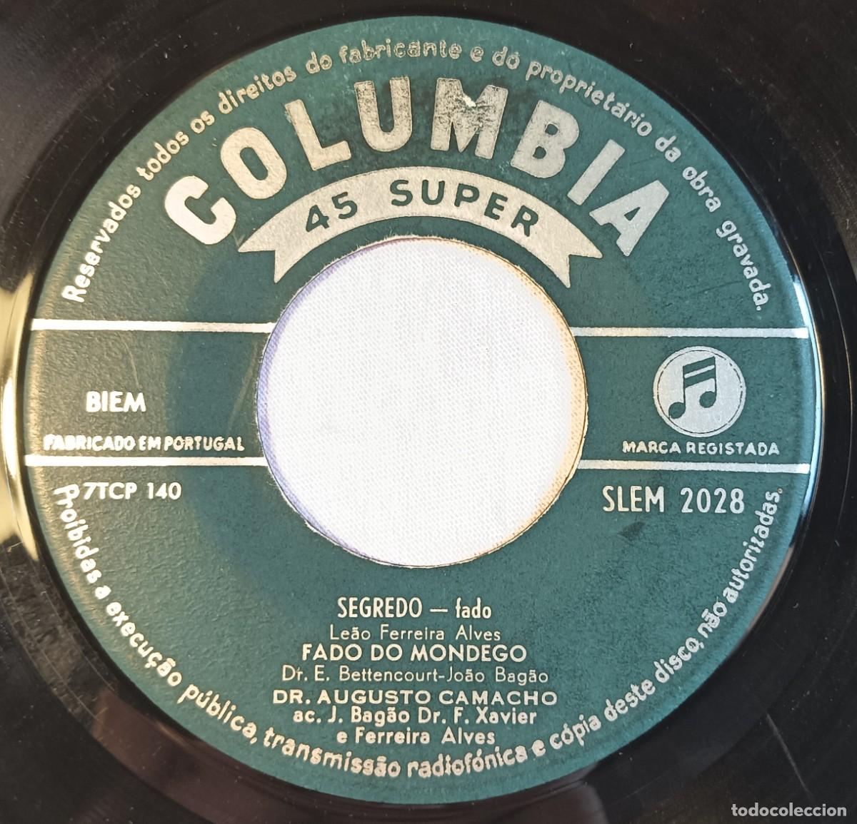 Discos de vinilo: 7&rdquo; DR AUGUSTO CAMACHO - Fado Do Mondego - Edicion PORTUGAL - Columbia 1959 (-/EX)