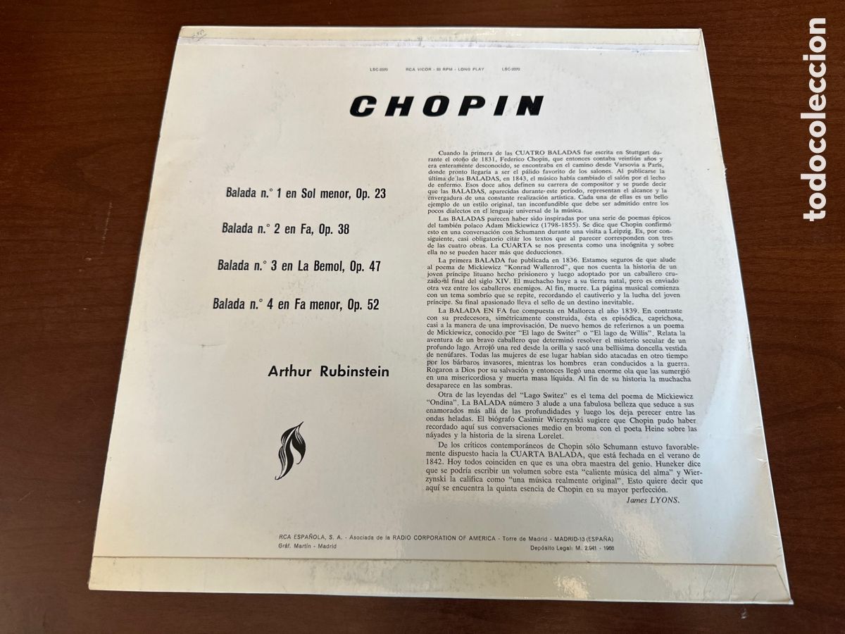 Discos de vinilo: CHOPIN. BALADAS. RUBINSTEIN. RCA. 1968 - Foto 2