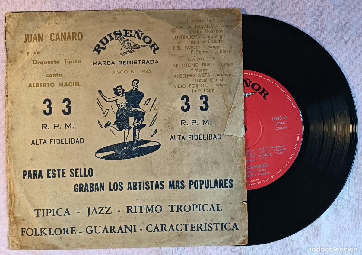 Discos de vinilo: 7&rdquo; JUAN CANARO - Cancha Rayada / Mi Oto&ntilde;o Triste - Ruise&ntilde;or 1043 - Edicion ARGENTINA - (G+/VG)
