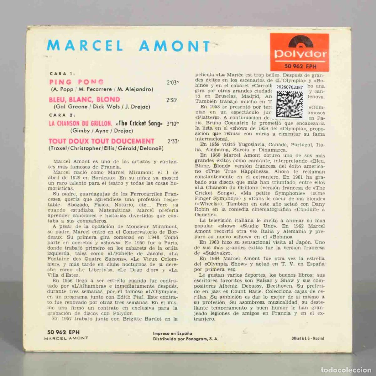 Discos de vinilo: EP. Marcel Amont &lrm;&ndash; Canta En Espa&ntilde;ol - Foto 2