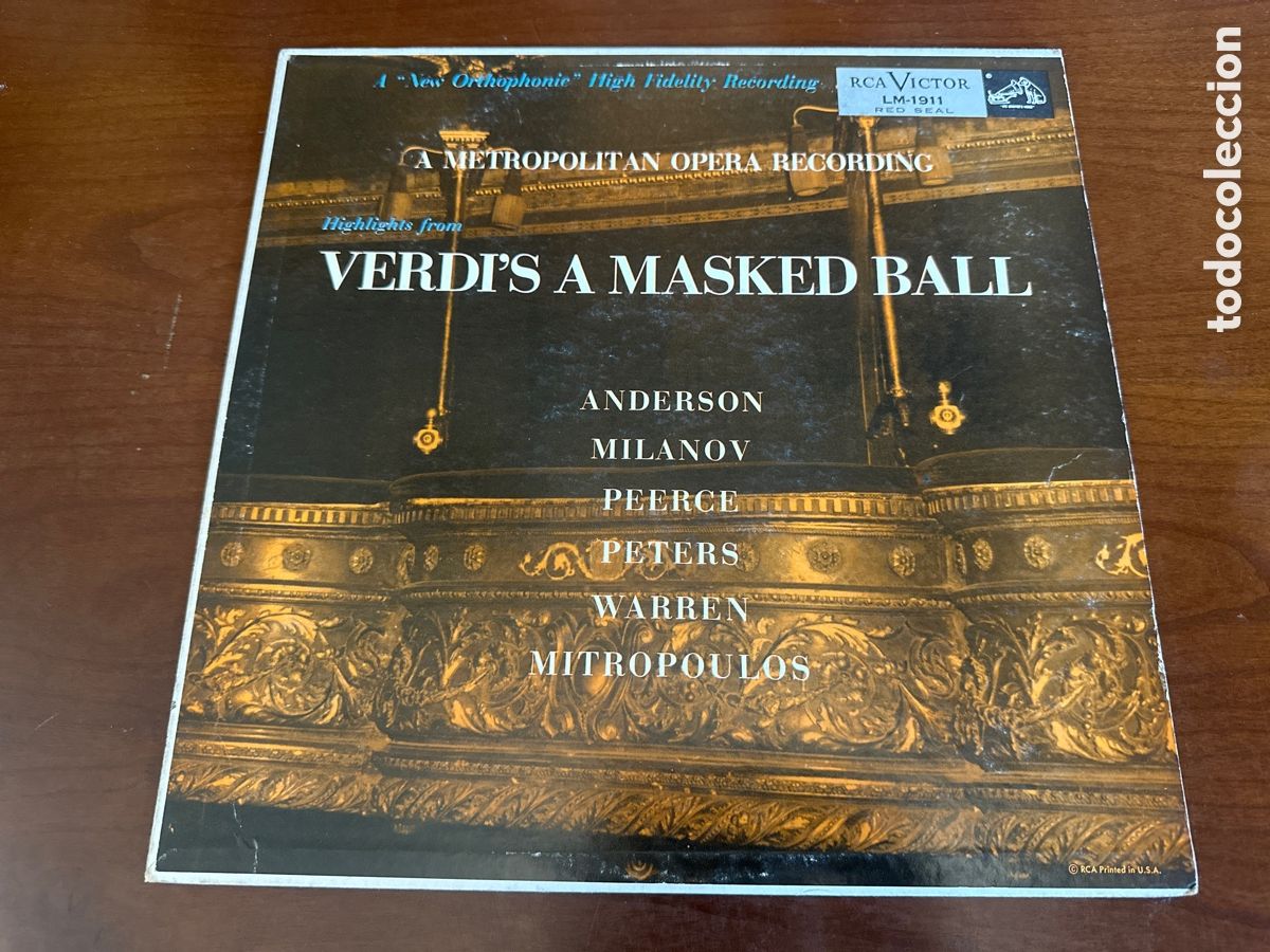 Discos de vinilo: VERDI. A MASKED BALL. ZINKA MILANOV Y ROBERTA PETERS SOPRANOS. DIMITRI MITROPOULOS METROPOLITAN &hellip;