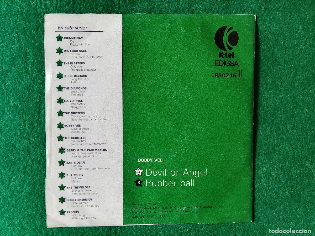 Discos de vinilo: Bobby Vee - Devil Or Angel / Rubber Ball - Edit. K-Tel. EDIGSA. 1981 - Foto 2