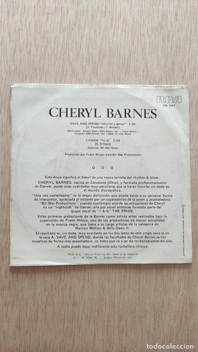 Discos de vinilo: DISCO SINGLE CHERYL BARNES SAVE AND SPEND I KNOW - Foto 2