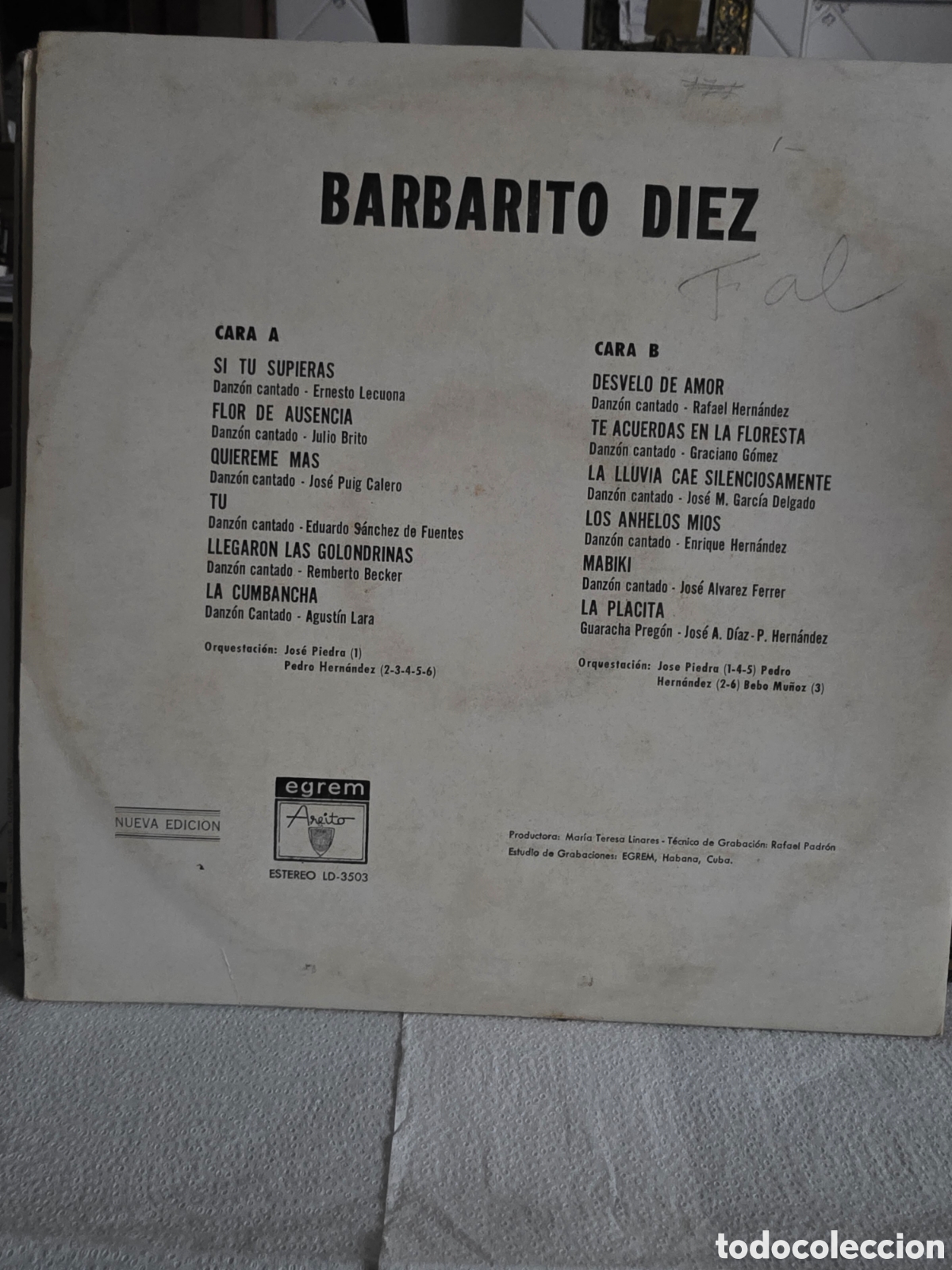 Discos de vinilo: BARBARITO DIEZ , EL REY DEL DANZ&Oacute;N, EGREM - Foto 2