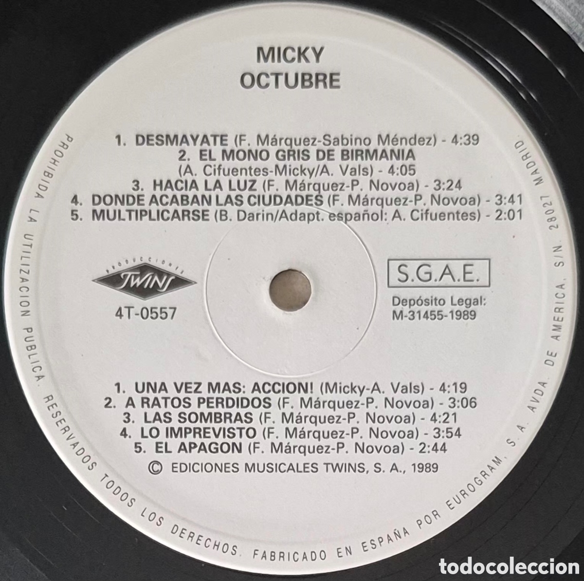 Discos de vinilo: LP - MICKY - OCTUBRE - 1989 ESPA&Ntilde;A - Foto 3