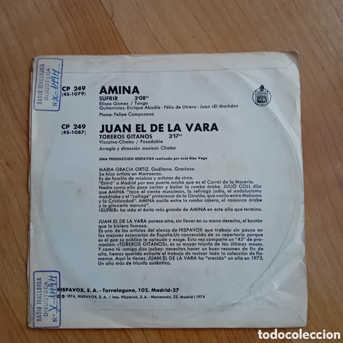 Discos de vinilo: AMINA. SUFRIR. JUAN EL DE LA VARA. TOREROS GITANOS - Foto 2