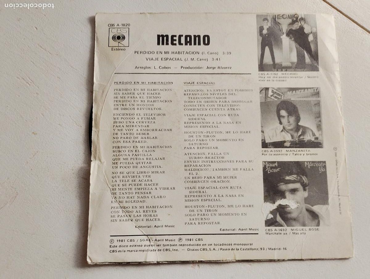 Discos de vinilo: Mecano &ndash; Perdido En Mi Habitaci&oacute;n, 1981 - Foto 3