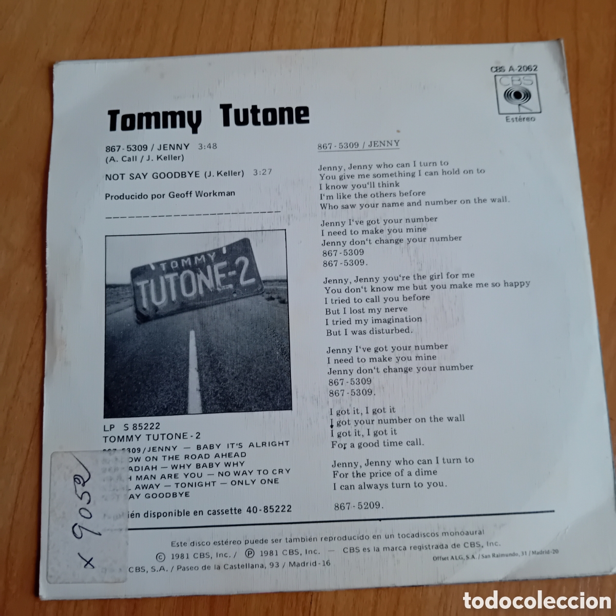 Discos de vinilo: TOMMY TUTONE. JENNY. - Foto 2