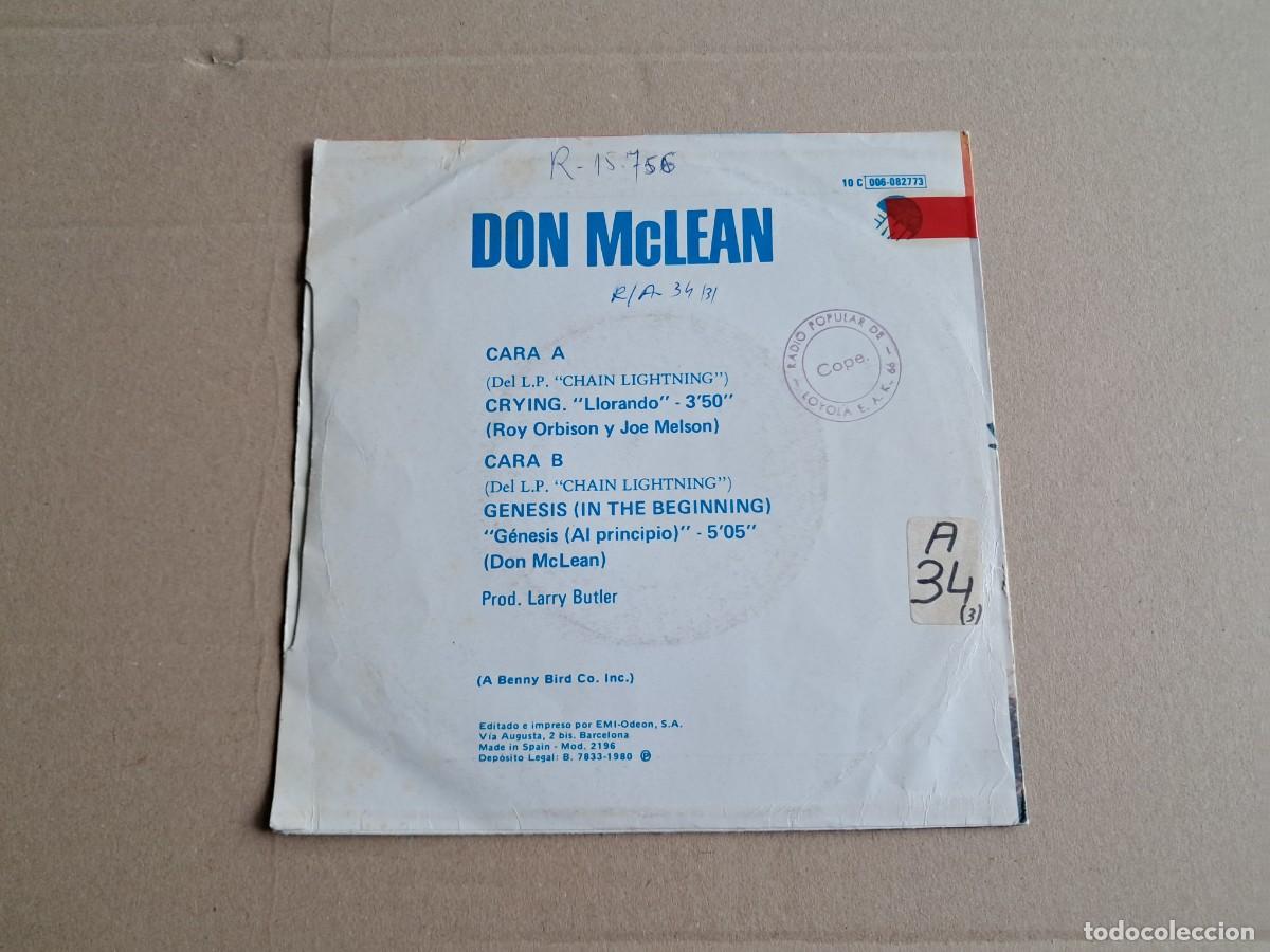 Discos de vinilo: DON MCLEAN - CRYING SINGLE 1980 EDICION ESPA&Ntilde;OLA - Foto 3