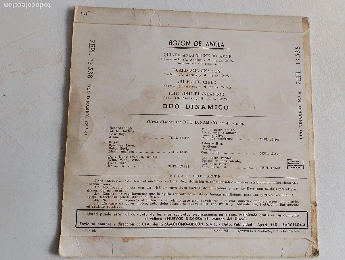 Discos de vinilo: D&uacute;o Din&aacute;mico &ndash; Boton De Ancla,1961 - Foto 4