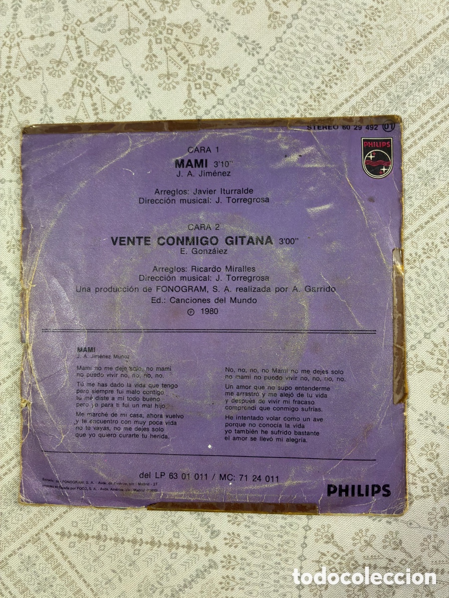 Discos de vinilo: Single 7&rdquo; Vinilo LOS CHICHOS - Mami / Vente Conmigo Gitana (Philips 1980) - Foto 2