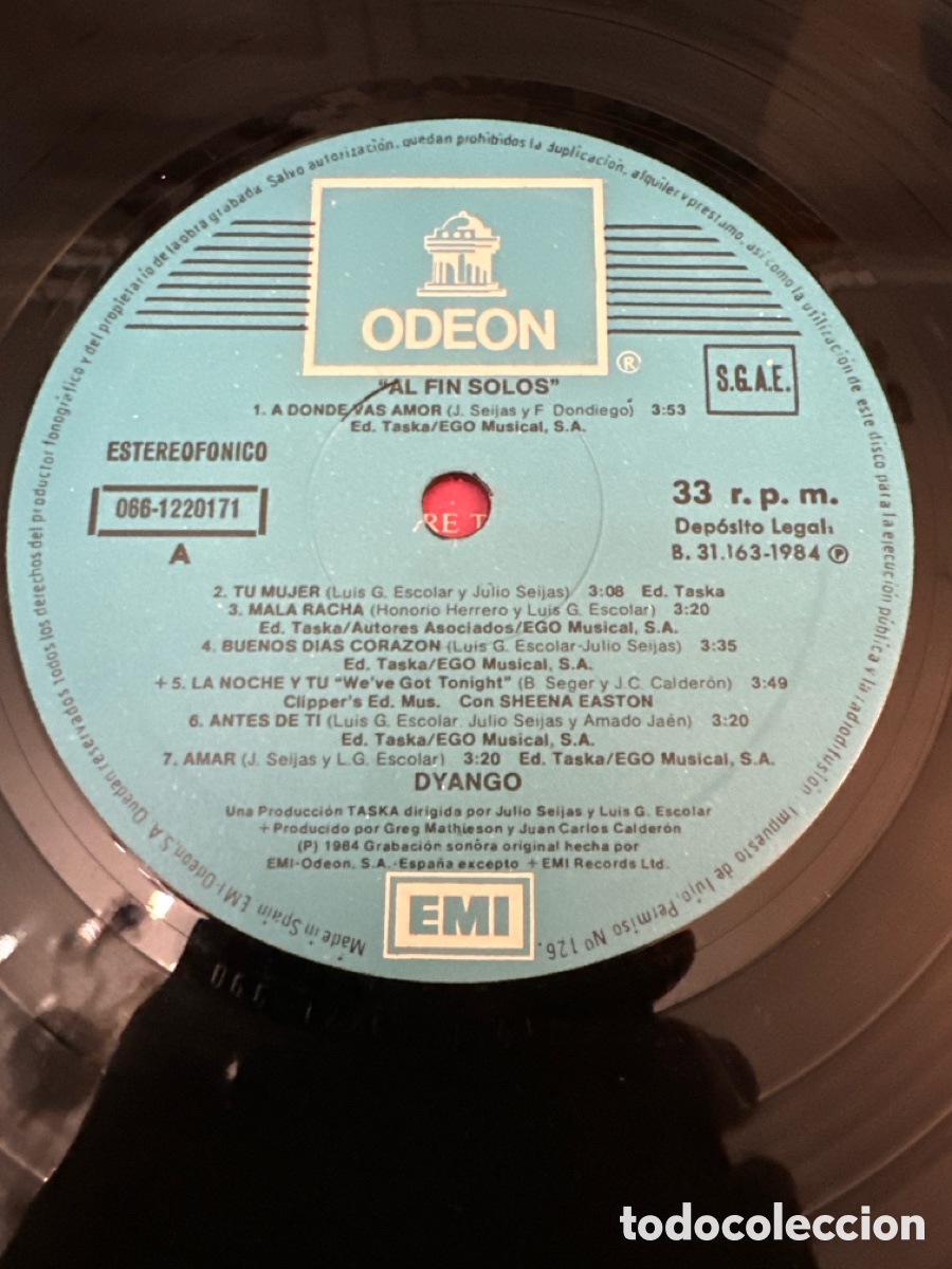 Discos de vinilo: DYANGO - AL FIN SOLOS - LP - ODEON 1984 SPAIN CON LETRAS - Foto 3