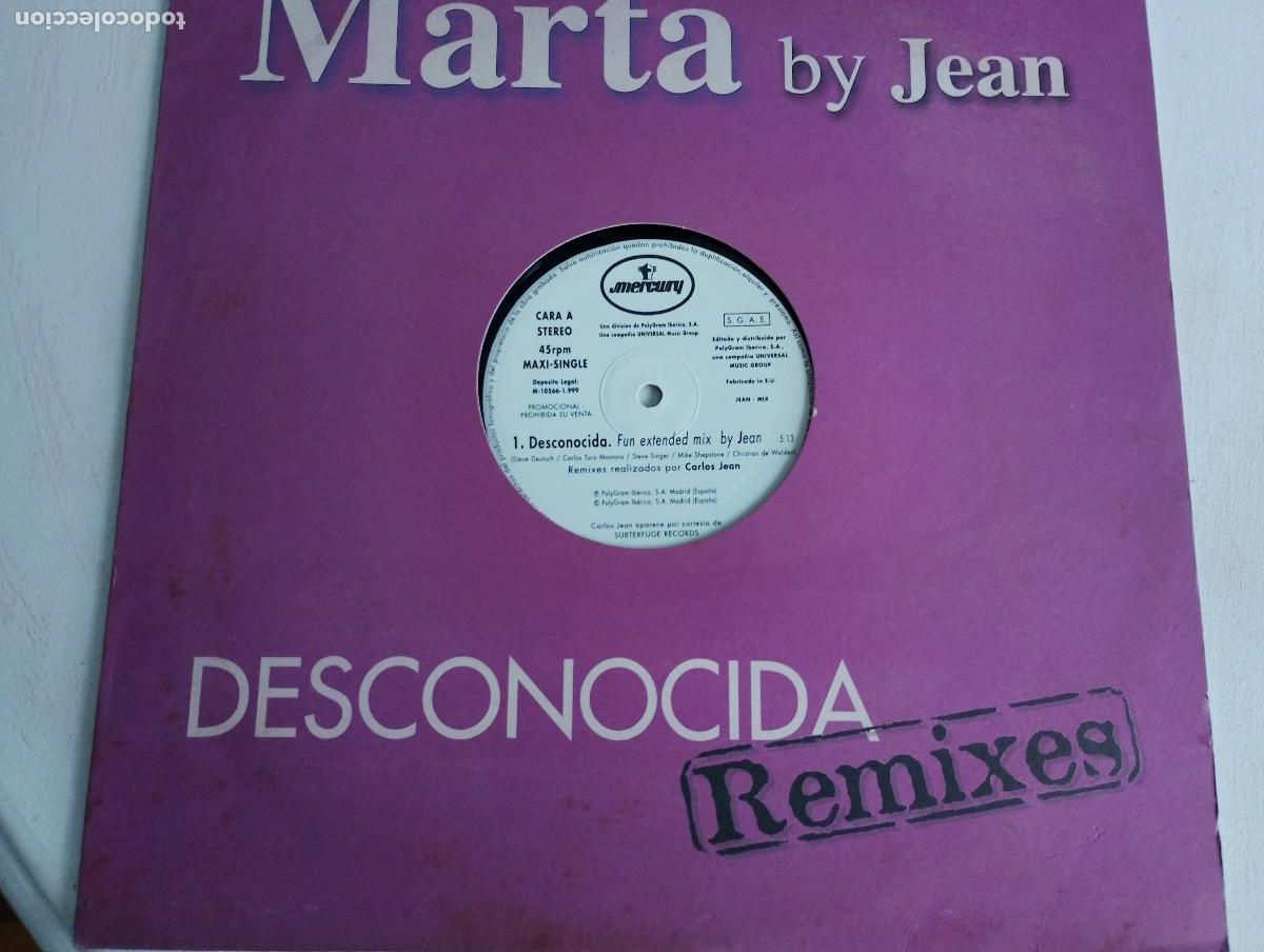 Discos de vinilo: Marta* by Jean &ndash; Desconocida (Remixes) ed espa&ntilde;ola, promocional 1999 Electronic