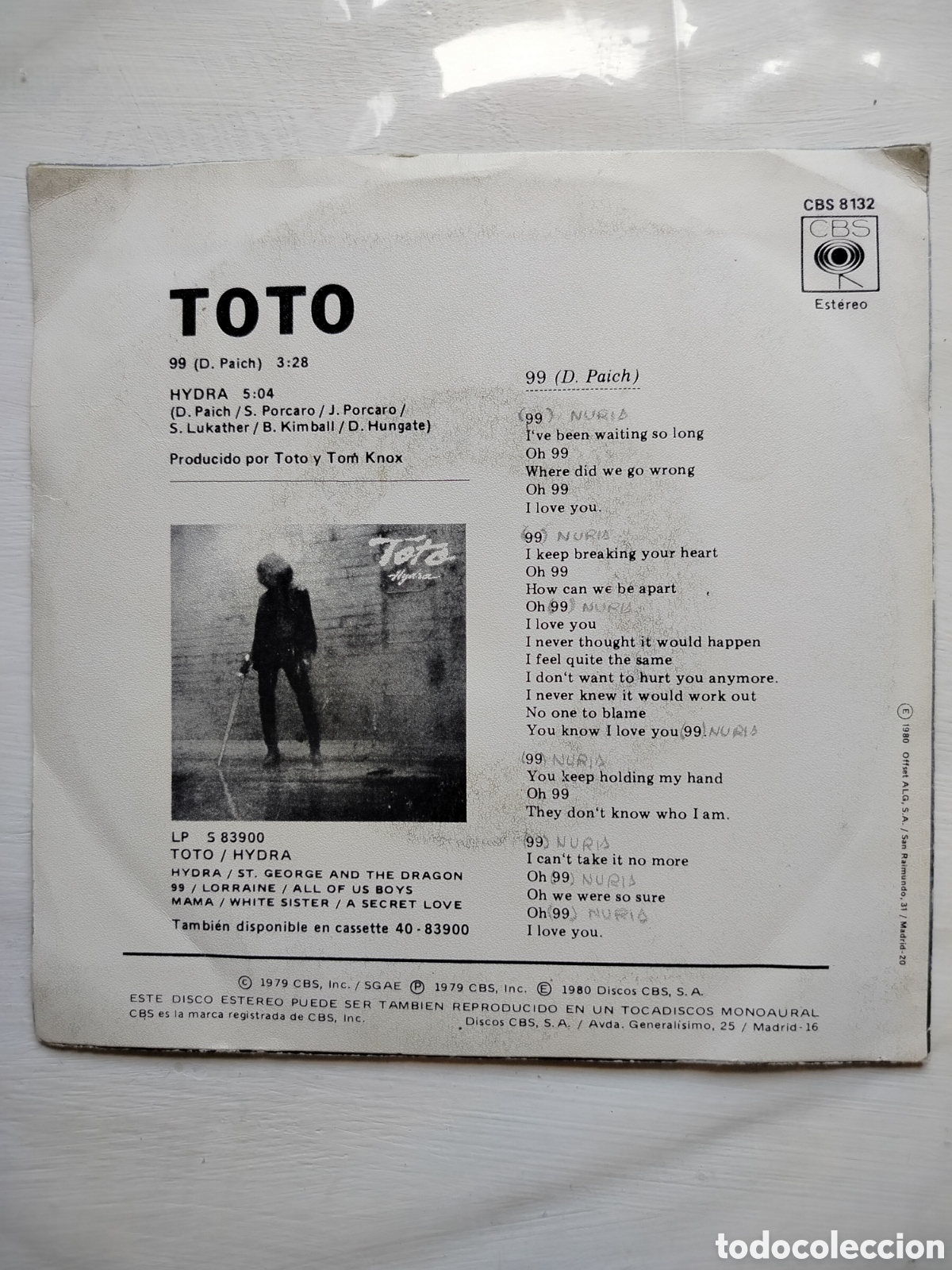 Discos de vinilo: Toto Single 99 1980. - Foto 2