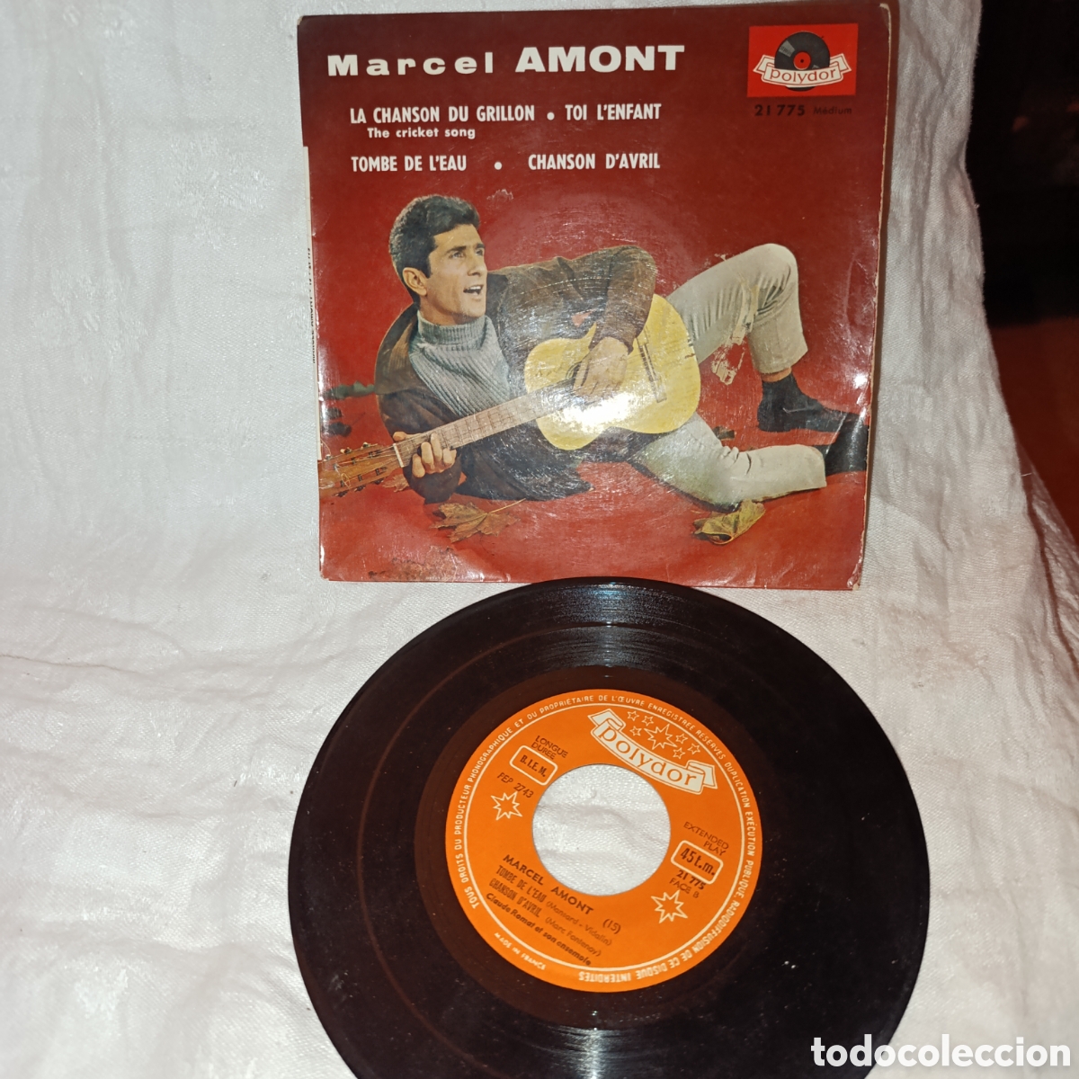 Discos de vinilo: Vinilo EP 7&rdquo; Marcel Amont &ndash; La Chanson Du Grillon (Polydor, 1960) con leng&uuml;eta