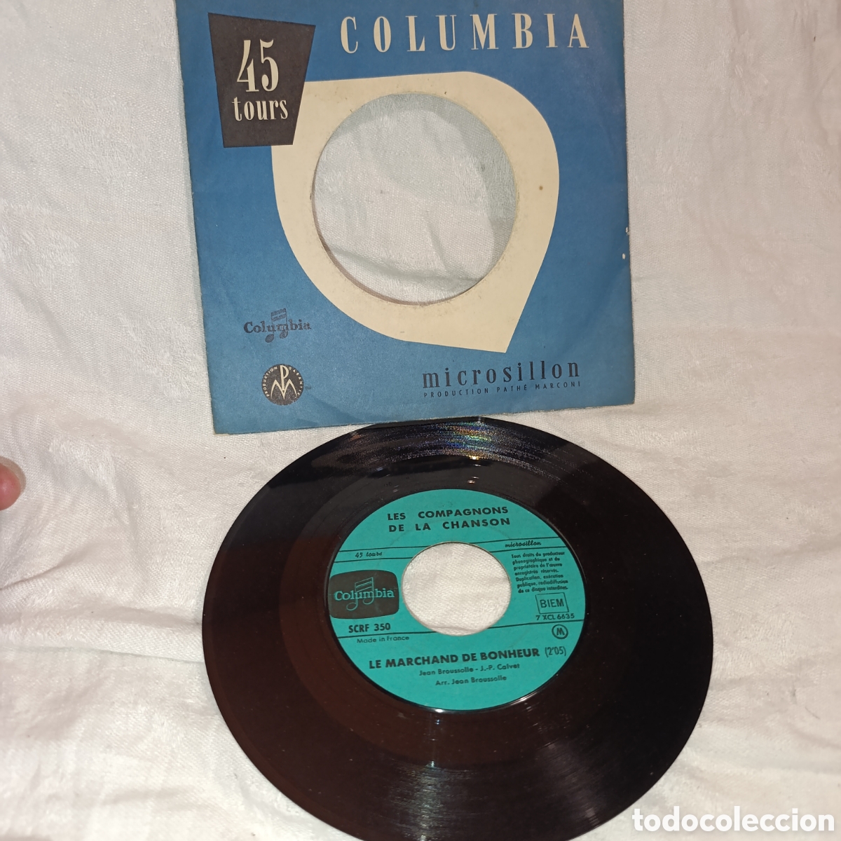 Discos de vinilo: Vinilo Single 7&rdquo; Les Compagnons de la Chanson - Le Marchand De Bonheur (1959) Columbia, edici&oacute;n orig