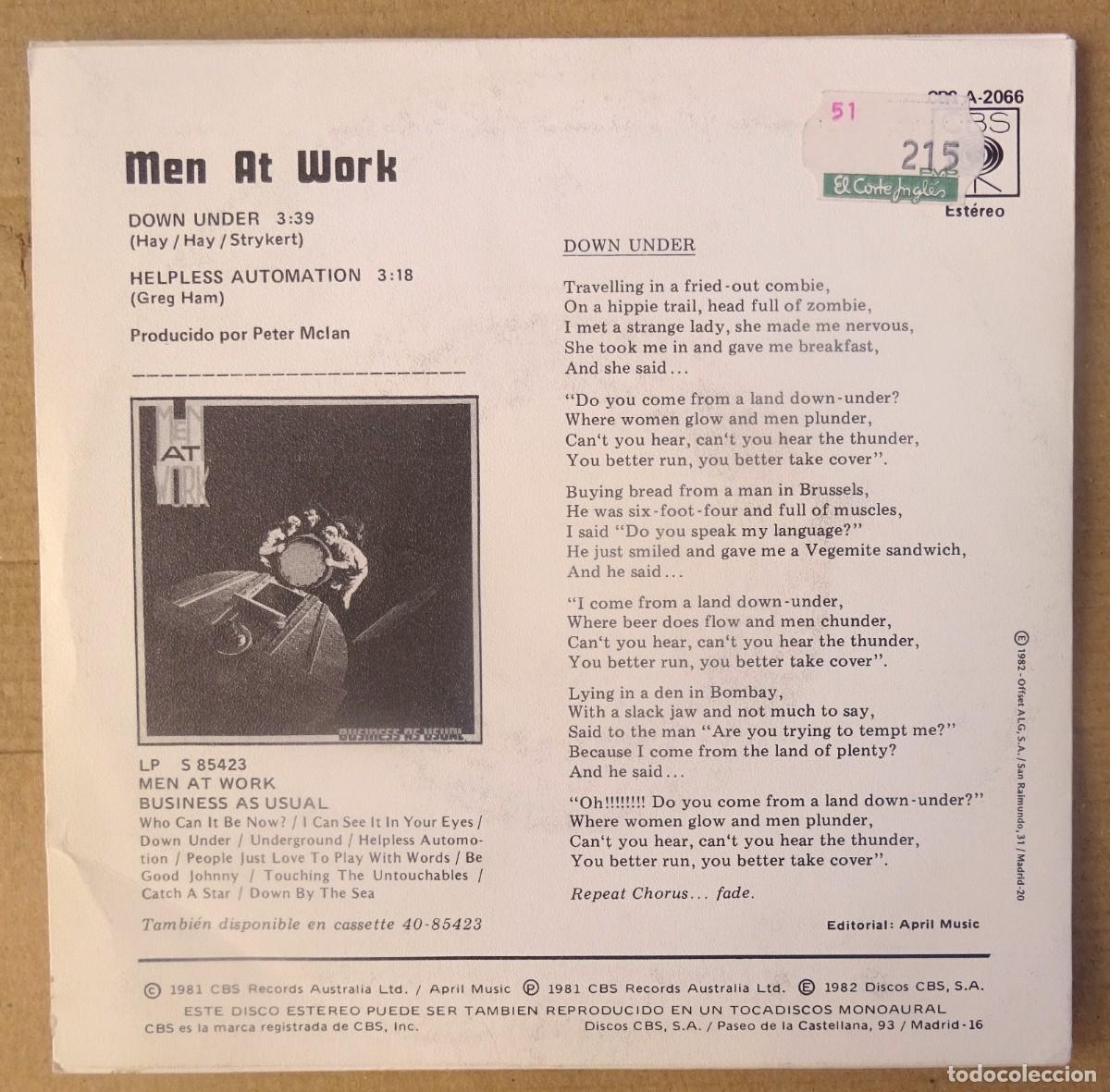 Discos de vinilo: MEN AT WORK DOWN UNDER SINGLE CBS Madrid 1982 - Foto 3