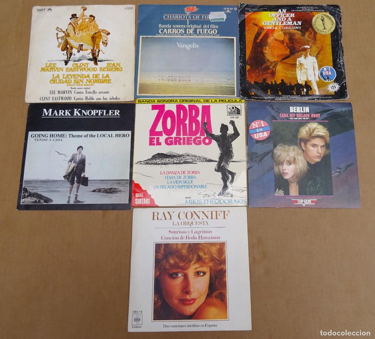 Discos de vinilo: Lote de 7 Singles de Bandas Sonoras Canciones de pel&iacute;culas Zorba el griego,Top Gun ,Carros de fuego.