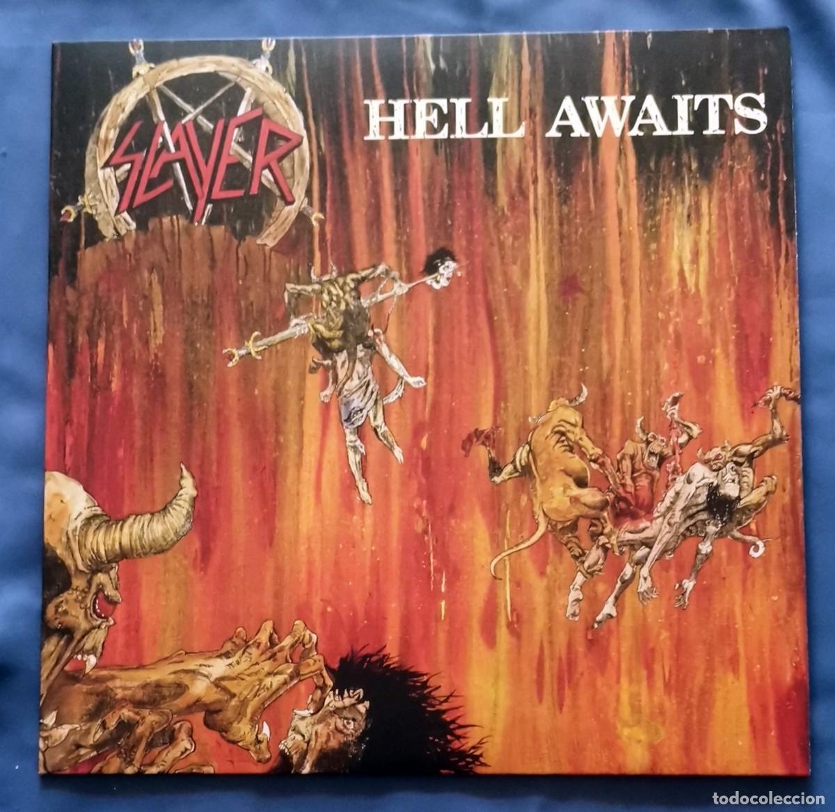 Discos de vinilo: Slayer &ndash; Hell Awaits LP reedici&oacute;n oficial 2021 encarte+poster dos caras 60x60cm incl